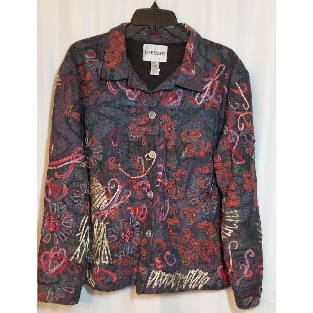 Chico's Denim Jacket Embroidered Beaded Size XL BOHO Boutique CHIC